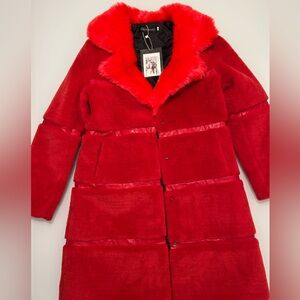 Red Faux Fur Statement Coat Quilted Lined Size L